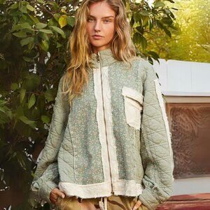 POL Quilted Jacket with Floral Print and Patchwork Seafoam NWT